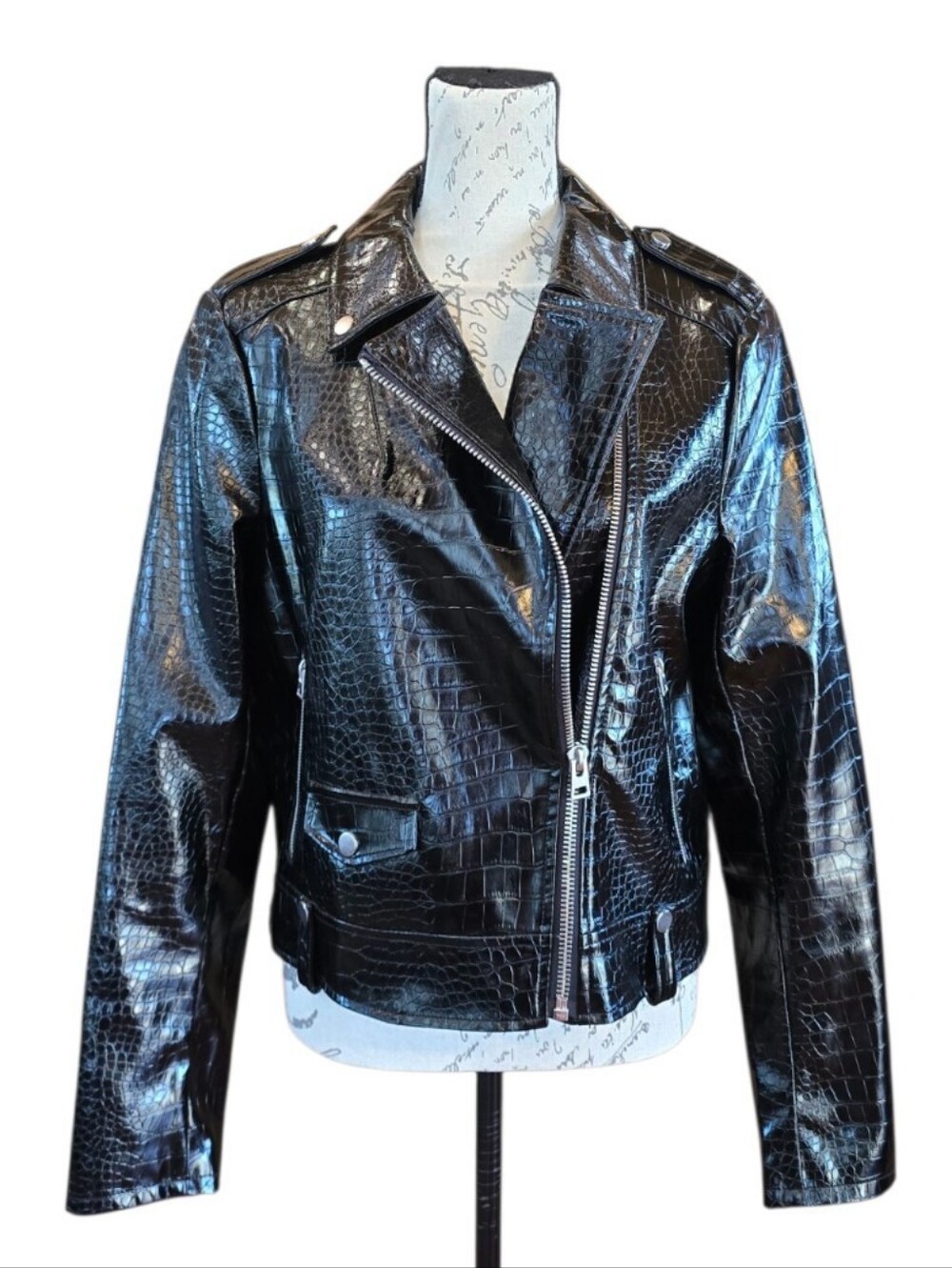 Topshop Croc Embossed Black Faux Leather Moto Jacket 10